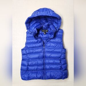 Forever 21 Womens Vibrant Blue Quilted Duck Down Puffer Vest w Hood Sz L